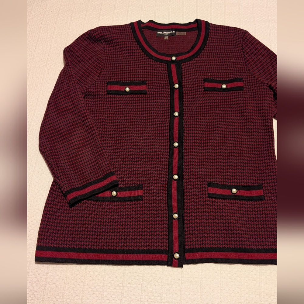 Karl Lagerfeld Burgundy and Black Knit Cardigan
